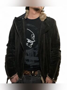 Nicole Club For Men Japanese Archive Suede Bondage Biker Jacket with Faux Fur Li